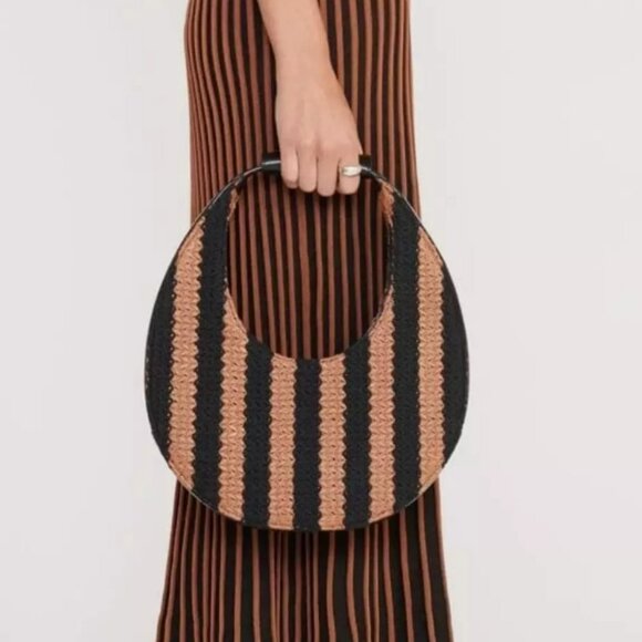 STAUD Handbags - STAUD Moon Leather Raffia Striped Woven Tote Bag MSRP$375